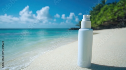 Obraz na płótnie White Bottle on Sandy Beach with Beautiful Ocean and Sky Background w salonie