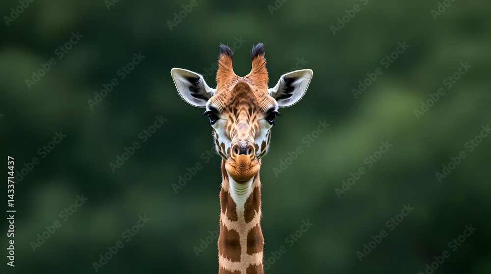 Fototapeta premium Close Up Portrait Of A Giraffe Against A Blurry Green Background Displaying Brown And White Pattern With Focus On Eyes