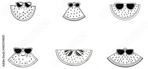 Watermelon slice with sunglass unique hand drawn line art vector set design