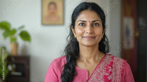 Indian woman smiles wearing sari, bindi, reflecting cultural pride, inner peace, positive energy indoors. Free Download Indian woman smiles wearing sari, bindi, reflecting cultural pride, inner peace, positive energy indoors. - GFXLoad
