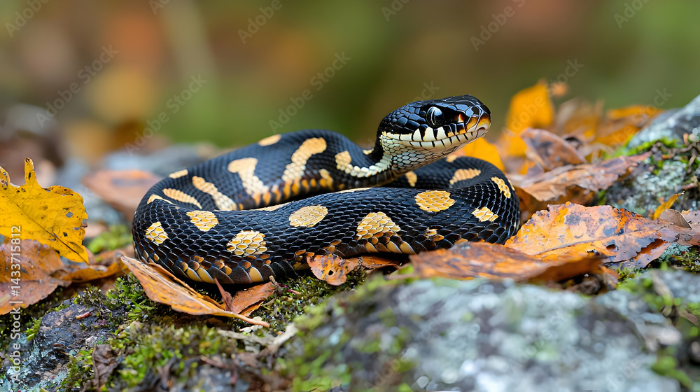 Black And Yellow Snake On Autumn Leaves Black And Yellow Snake On Autumn Leaves