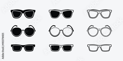 Minimalist Vector Sunglasses Silhouette Icons Set, Flat And Outline Styles