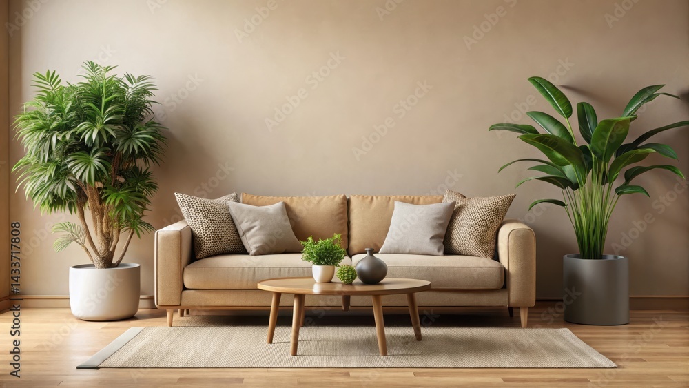 Fototapeta premium Earthy toned sofa with plush pillows against a warm beige wall