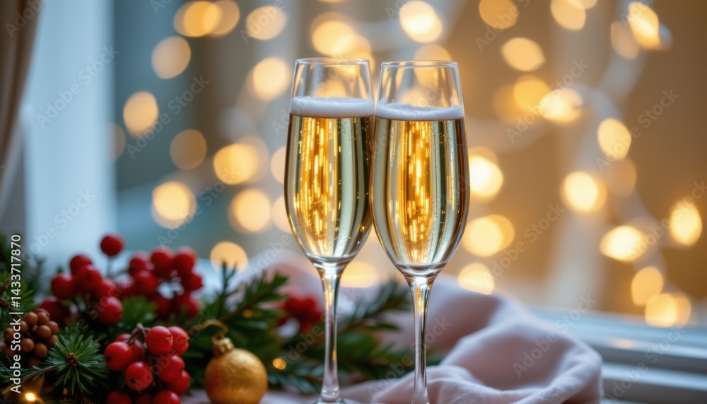 Celebrating new year's eve with sparkling champagne glasses cozy home setting festive atmosphere close-up view Celebrating new year's eve with sparkling champagne glasses cozy home setting festive atmosphere close-up view