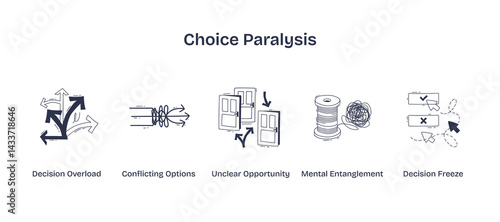 Choice paralysis is shown by arrows, tangled lines, and confused doors, symbolizing overload, conflict, and indecision. Doodle style icons