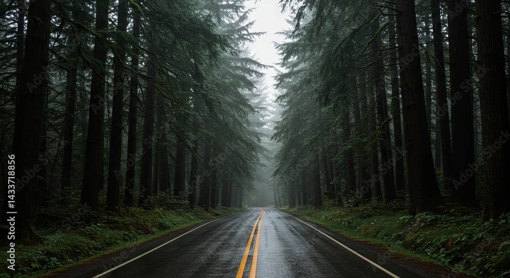 Obraz premium A moody and atmospheric road leading through a dense forest of tall evergreen trees. The road is wet and reflects the subtle light, with faded yellow lines running down the center