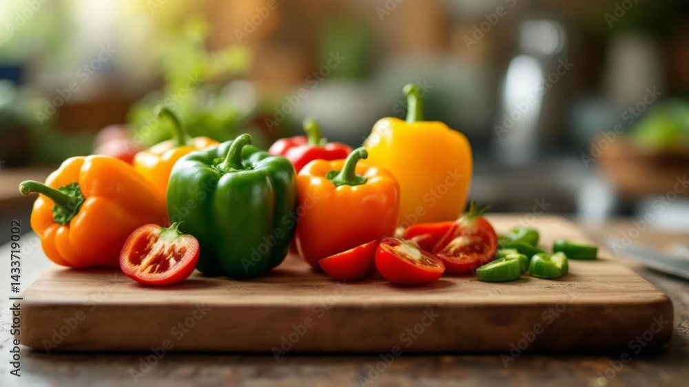Fresh colorful peppers on the wooden chopping board.