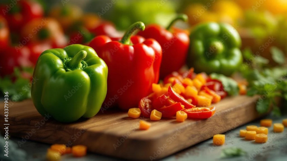 Fresh colorful peppers on the wooden chopping board.