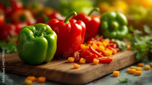 Obraz na płótnie Fresh colorful peppers on the wooden chopping board. w salonie
