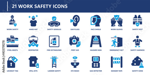 Work safety icons pack in solid style including hard hat, gloves, fire extinguisher, respirator, hazard sign, emergency exit, and safety harness.