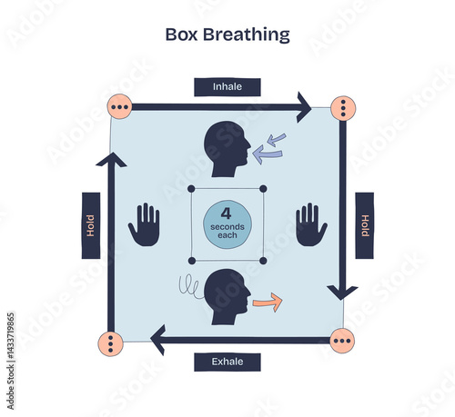 Box breathing is shown with arrows, faces, and hands to illustrate inhale, hold, exhale steps in a doodle style diagram. Doodle style diagram
