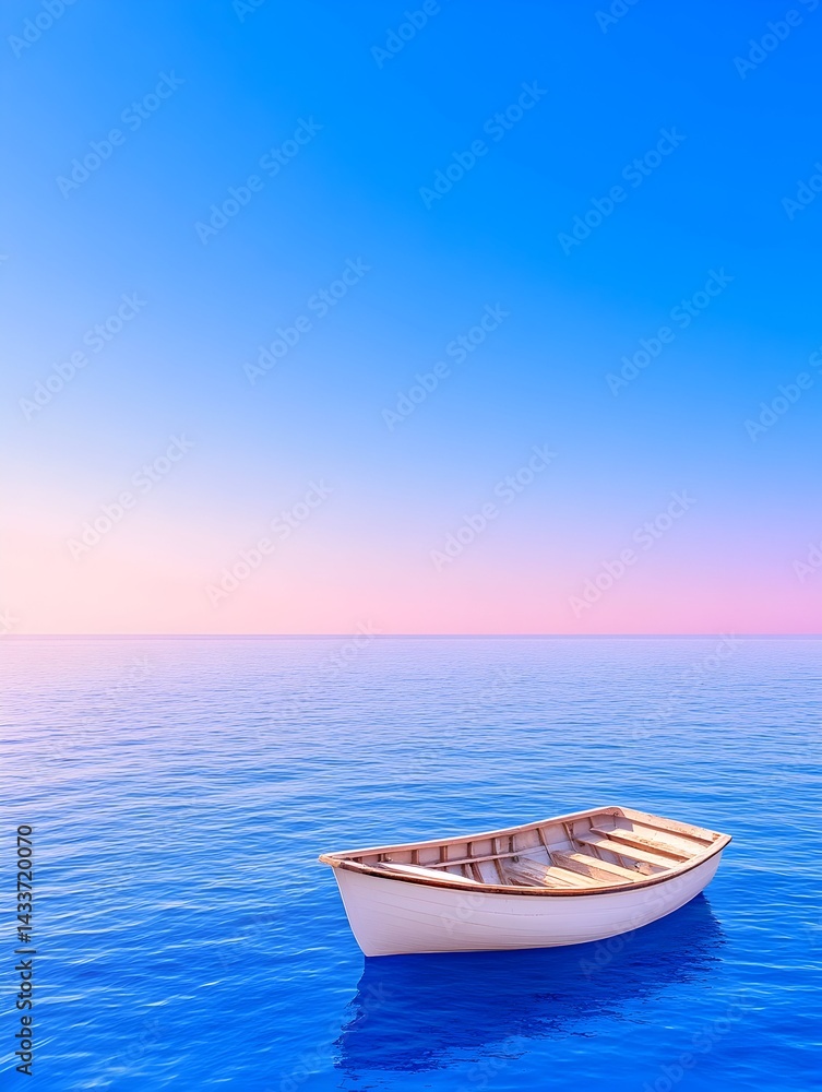 Naklejka premium A small white rowboat floats serenely on a calm, blue ocean under a pastel sunrise sky