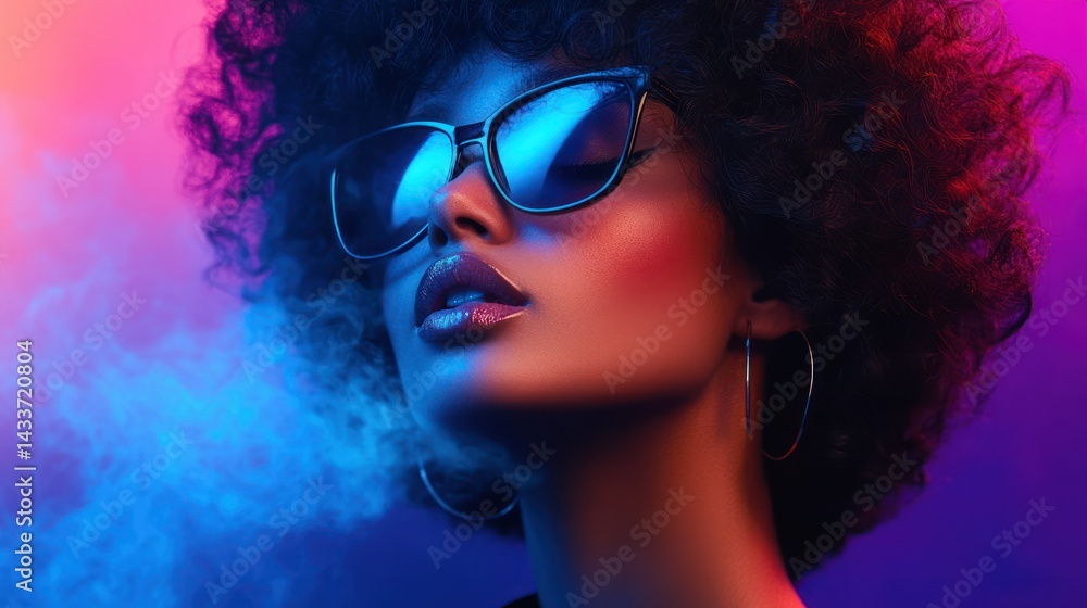 Elegant Black woman, sunglasses reflecting light, gazes upwards, radiant face reflecting vibrant glamour, allure. Elegant Black woman, sunglasses reflecting light, gazes upwards, radiant face reflecting vibrant glamour, allure.