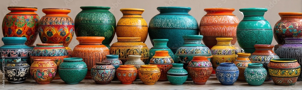 Colorful traditional ceramic vases displayed in rows with intricate painted art Colorful traditional ceramic vases displayed in rows with intricate painted art