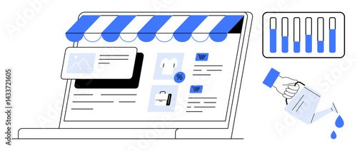 Shopfront on laptop with e-commerce product listings, growth chart, watering can for business growth. Ideal for e-commerce, digital marketing, analytics, sales growth, business strategy, startups
