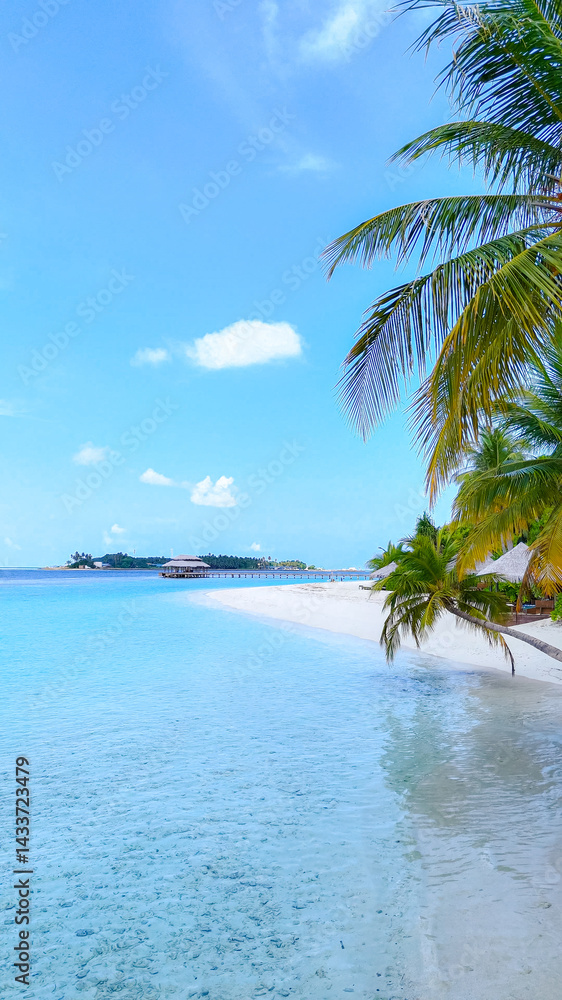 Obraz premium Tropical white sand beach with calm turquoise water and palm trees under blue sky, serene atmosphere for summer travel, hotel, resort, family vacation