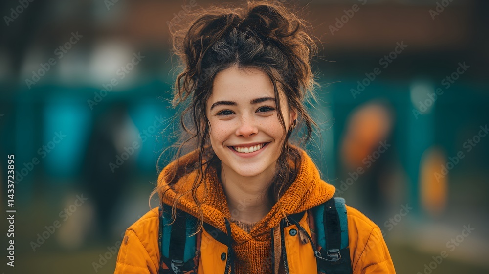Fototapeta premium A happy young woman with a messy bun smiles warmly at the camera while wea an orange jacket and backpack outdoors.