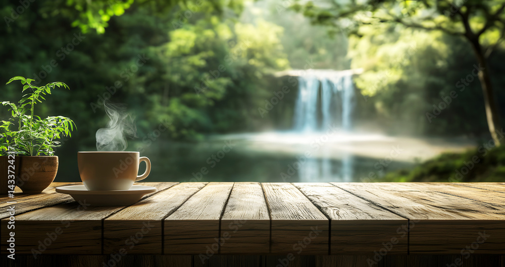 Fototapeta premium Wide view of steaming coffee cup resting on cozy wooden counter with soft morning light, while distant waterfall adds peaceful atmosphere and gentle balance to the natural forest setting.