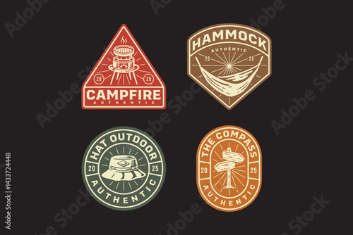 outdoor stove, hammock, hat, wooden signpost, signboard, hanging bed, grill, toaster retro badge logo vector design collection set for adventure, outdoor, camper, explorer, mountaineer and hiker