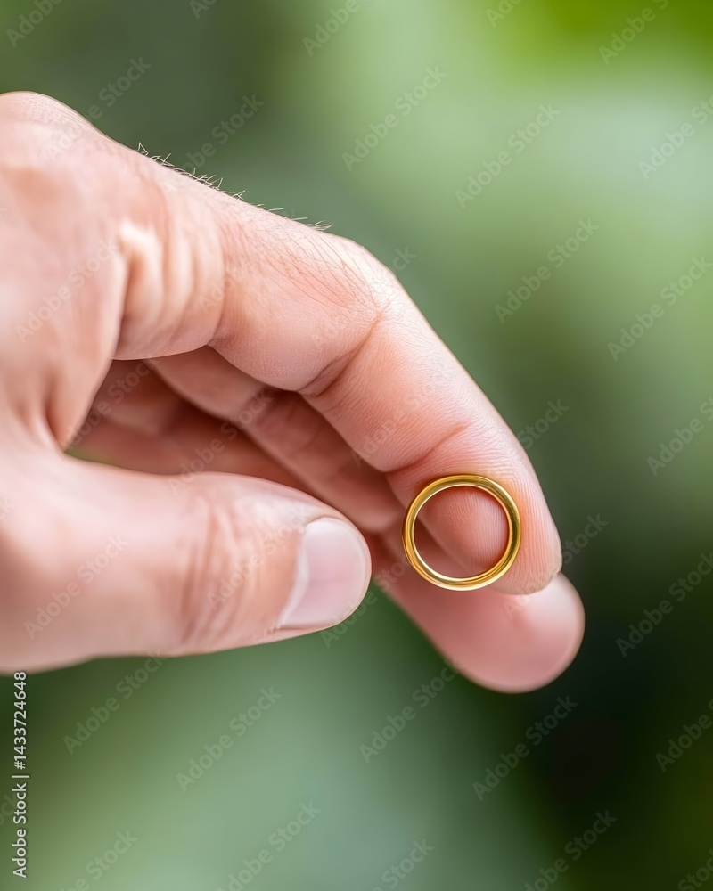 A hand delicately holds a thin gold band against a blurred green backdrop A hand delicately holds a thin gold band against a blurred green backdrop