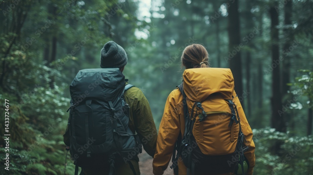 Backpackers hike together through forest, exploring nature and experiencing peaceful tranquility, enjoying togetherness. Backpackers hike together through forest, exploring nature and experiencing peaceful tranquility, enjoying togetherness.