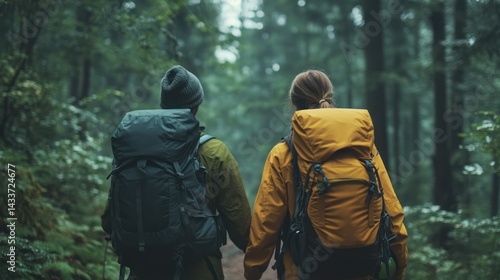 Wallpaper Mural Backpackers hike together through forest, exploring nature and experiencing peaceful tranquility, enjoying togetherness. Torontodigital.ca