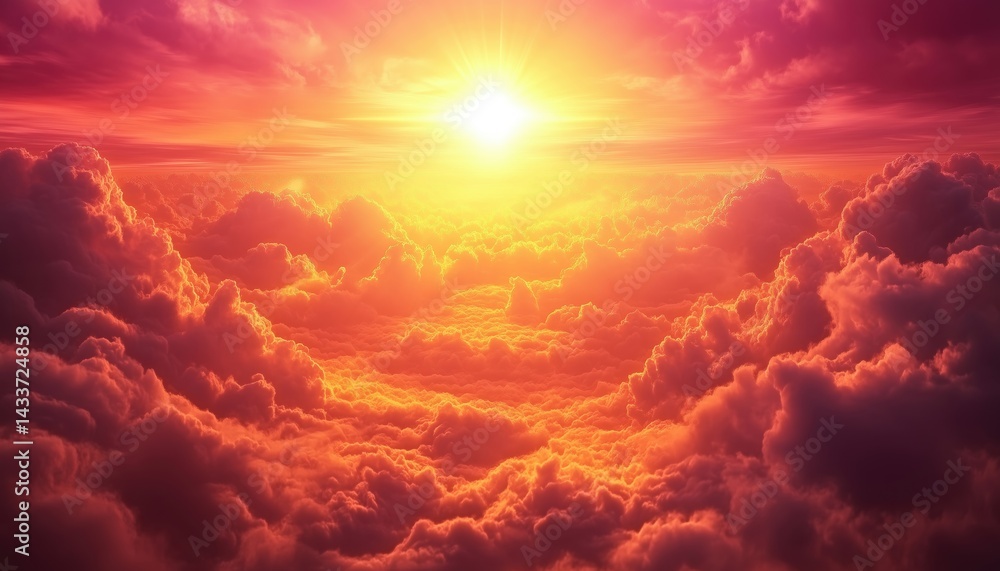 Fototapeta premium Breathtaking Evening Sky: Bright Sunlight Peeking Through Clouds In A Natural Panoramic Composition At Sunset