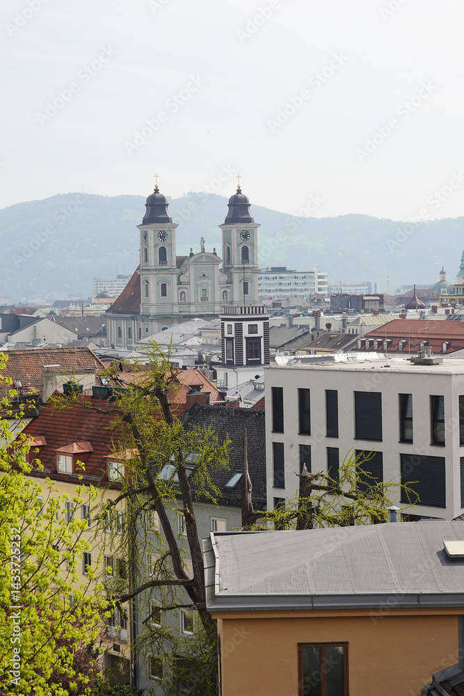 The view of Old Dom Cathedral from the Castle hill,. Linz, Austria
