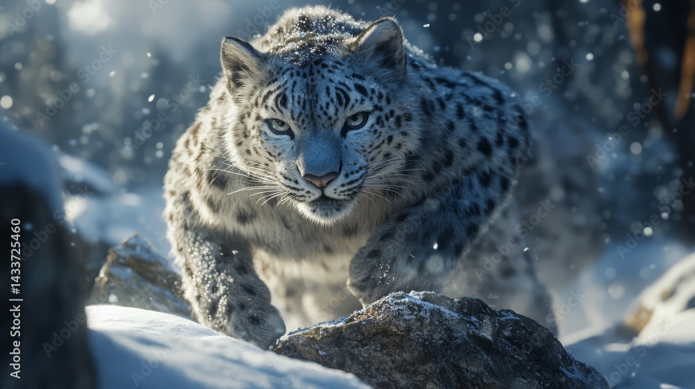 Fototapeta premium Majestic Snow Leopard in Snowy Mountain Habitat