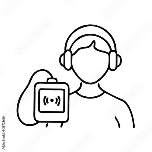 icon man using audio guide player with headphones,concept guidebook in pocket,interactive museum guide,tourism without guide