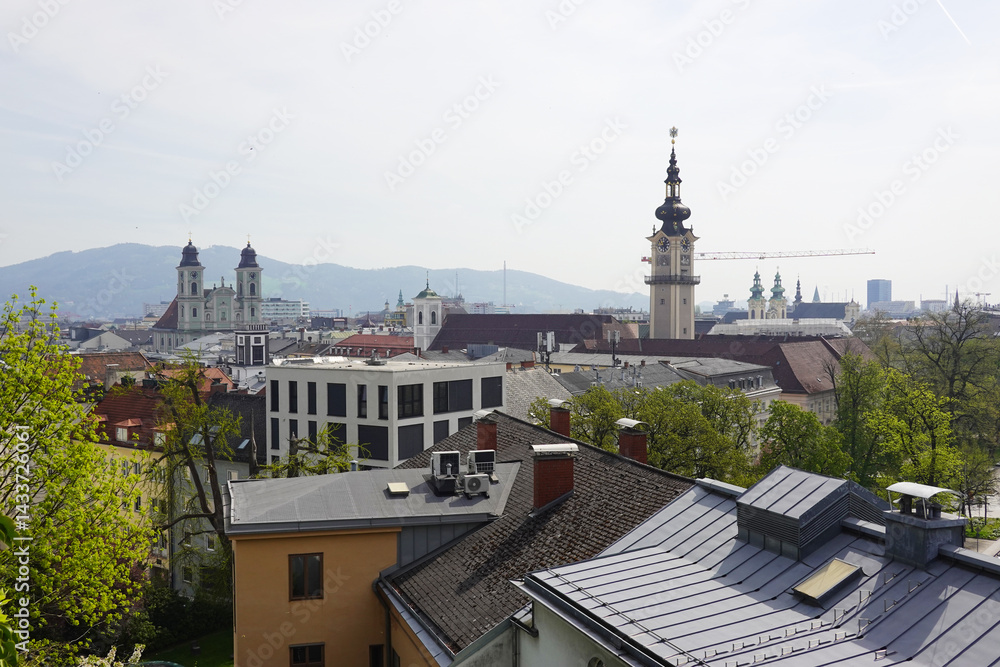 The view of Old Dom Cathedral and Maria Himmerfahrt Church from the Castle hill,. Linz, Austria