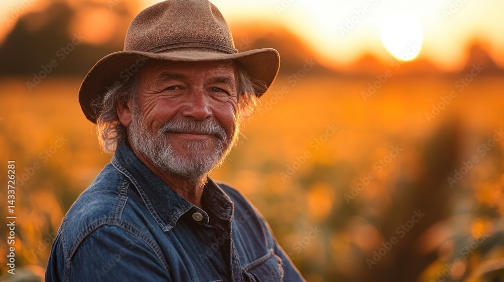 Man in hat smiles in a field at sunset agriculture theme. Man in hat smiles in a field at sunset agriculture theme.