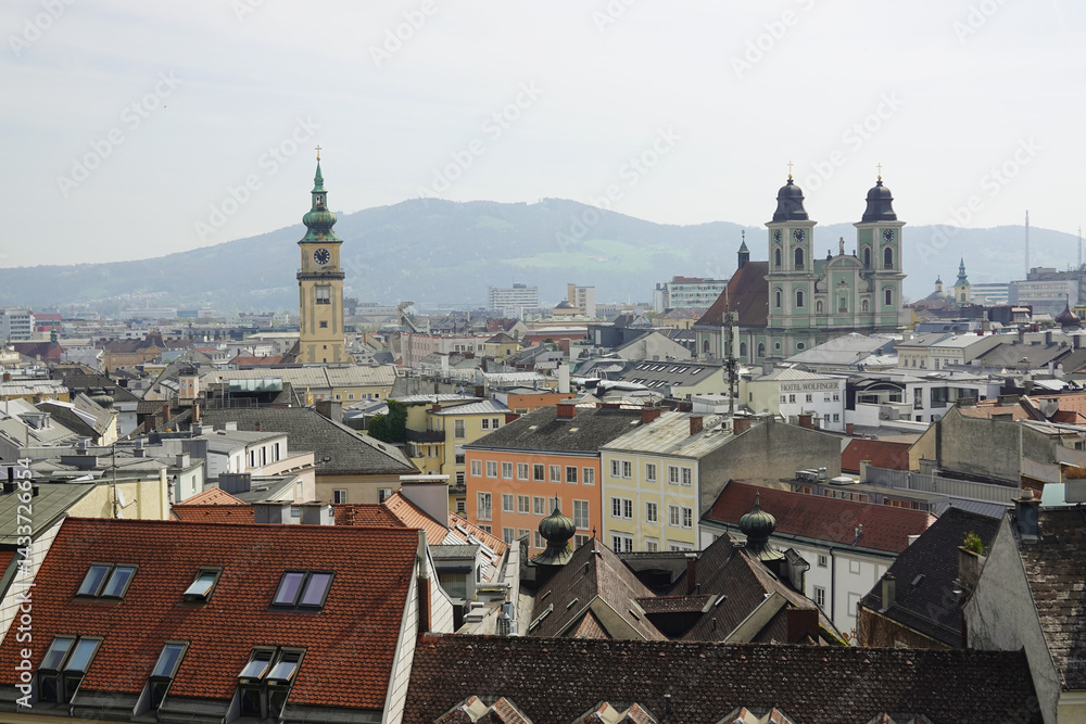 The view of Old Dom Cathedral and Maria Himmerfahrt Church from the Castle hill,. Linz, Austria