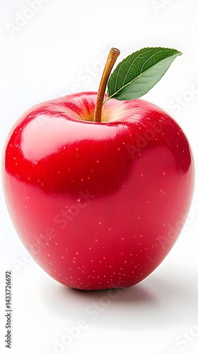A vibrant, glossy red apple with a green leaf rests on a white background
