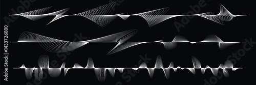 Digital sound equalizer . Audio signal frequency signal . Abstract flow linear fluid wavy shape . Acoustic volume lines .Curved lines pattern . Music sound wave . Vector illustration
