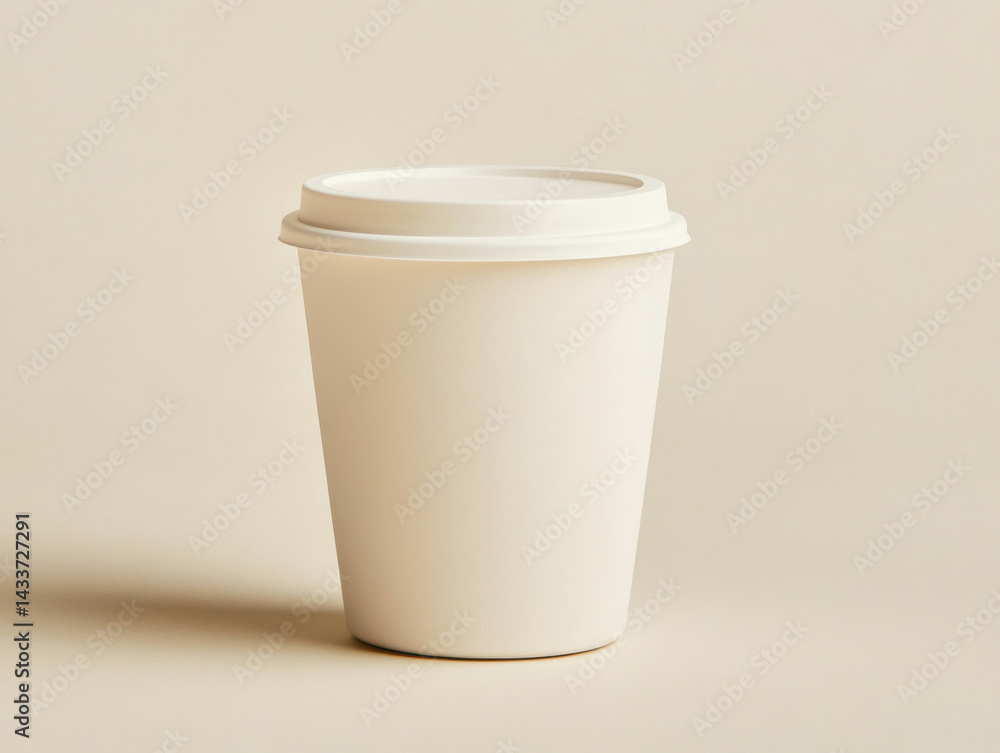 Plain white disposable coffee cup with lid resting against a smooth beige background, minimalistic design emphasized Plain white disposable coffee cup with lid resting against a smooth beige background, minimalistic design emphasized