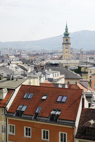 The view of Old Dom Cathedral and Maria Himmerfahrt Church from the Castle hill,. Linz, Austria  