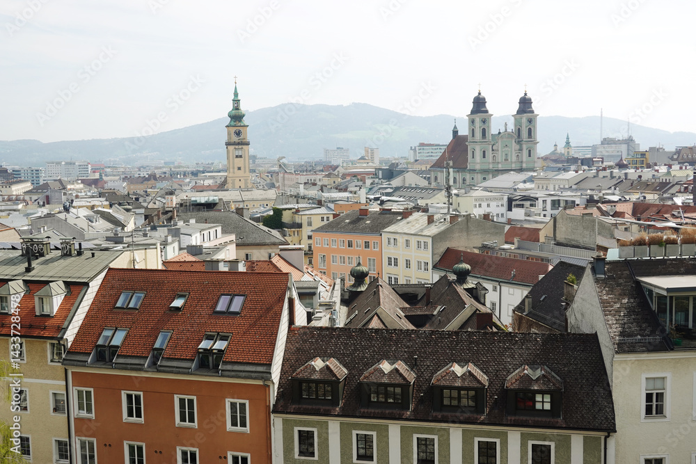 The view of Old Dom Cathedral and Maria Himmerfahrt Church from the Castle hill,. Linz, Austria