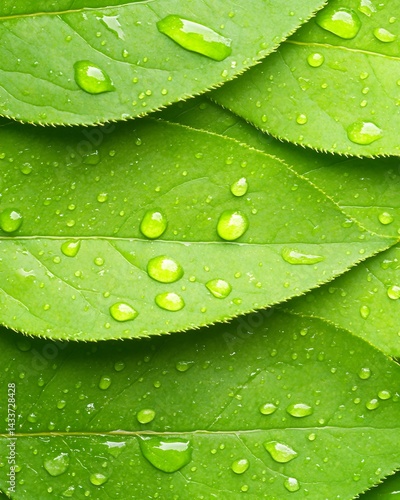 Close-up of vibrant green leaves adorned with glistening water droplets