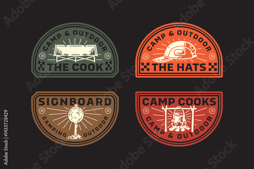 beanie hat, campfire cooking, signboard, sleeping bed, signpost, bonfire, bale fire retro badge logo vector design collection set for adventure, outdoor, camper, explorer, mountaineer and hiker