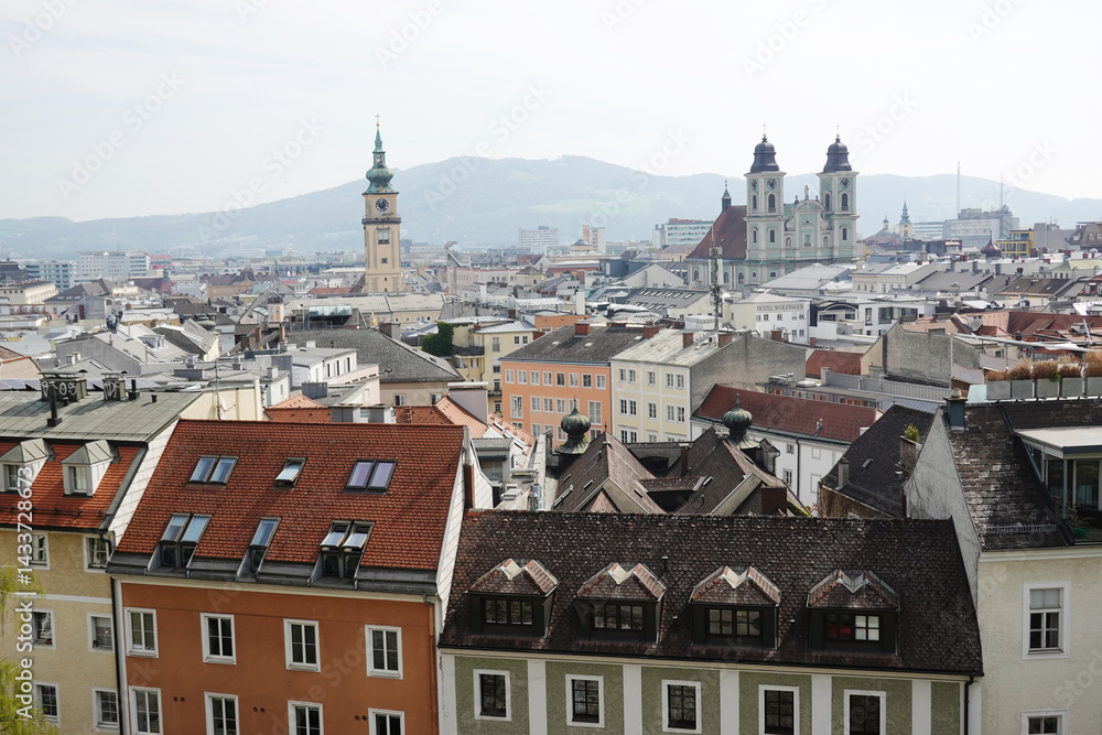 The view of Old Dom Cathedral and Maria Himmerfahrt Church from the Castle hill,. Linz, Austria