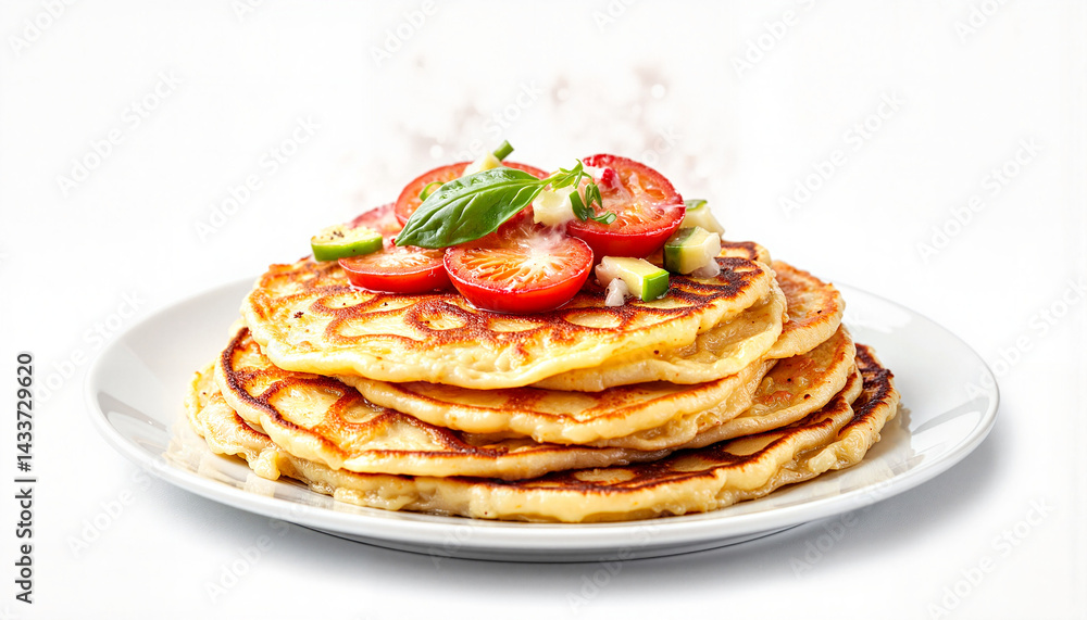 Delicious Finnish pancakes garnished with tomatoes and basil, culinary delight Delicious Finnish pancakes garnished with tomatoes and basil, culinary delight