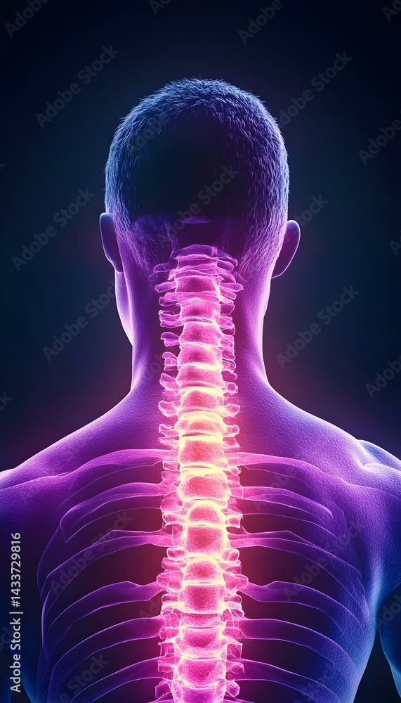 Detailed anatomical rendering of the human cervical and thoracic spine, highlighted in vibrant pink and purple, showcasing the vertebrae and rib cage