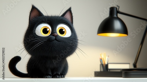 Cute cartoon black cat sits on desk