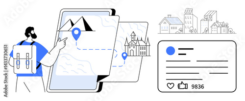 Man with backpack points to digital map with location points and landmarks. Nearby profile displays thumbs ups. Ideal for travel, navigation, social media, tourism, online apps, planning, simple
