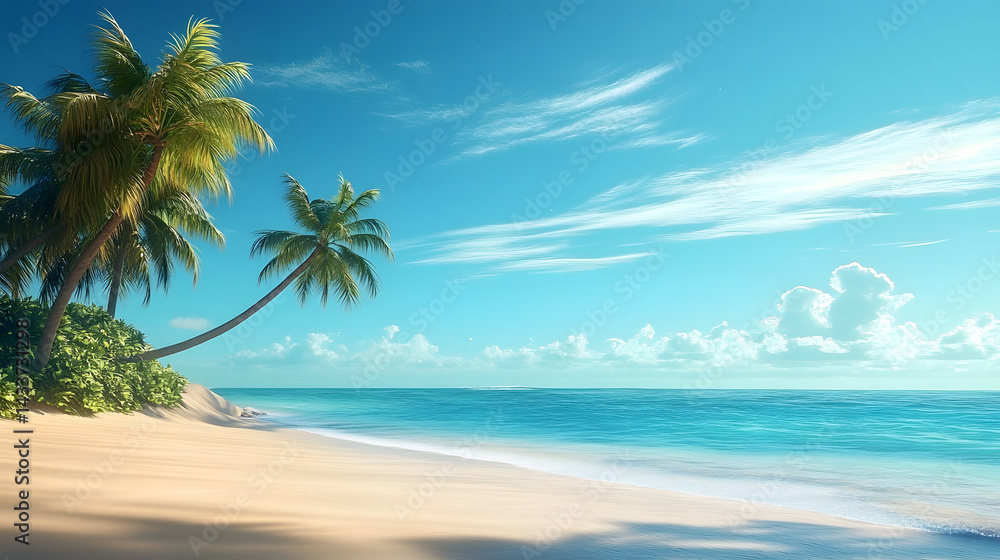 Fototapeta premium Tropical beach scene with palm trees and clear blue sky.