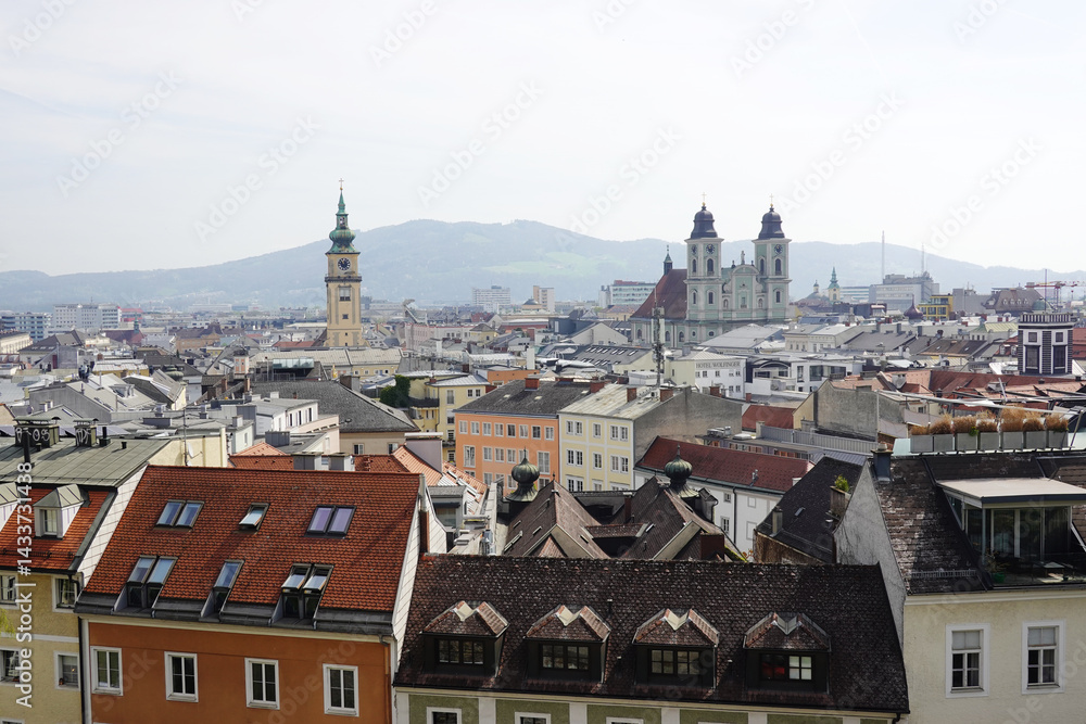 The view of Old Dom Cathedral and Maria Himmerfahrt Church from the Castle hill,. Linz, Austria