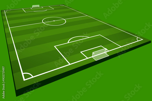 3D isometric illustration of a green soccer field with white markings and goals, ideal for sports graphics and football concepts