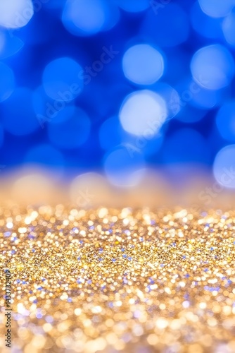 Golden glitter sparkles against a blurred blue bokeh background