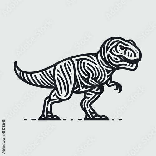 A bold graphic of a Tyrannosaurus Rex, rendered in a detailed, patterned, line-art style.